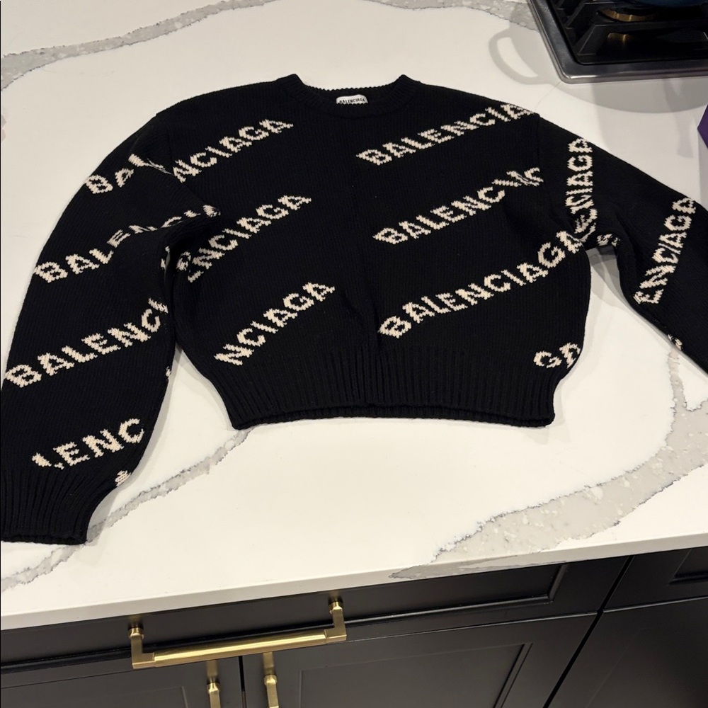 Balenciaga Black Knit Crewneck Sweater with White Logo